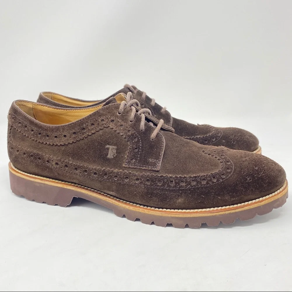 Tod's Brown Suede Wingtip Shoes Vibram Soles